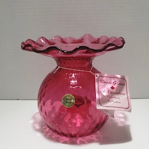 Pretty Ruffled Cranberry &quot;Rossi&quot; Canadian Swirled Glass Vase / Original Sticker & Tags / Canada