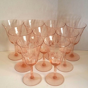 Six (6) - 6-1/2" Pink Floral Etched Paneled Wine / Water Glasses