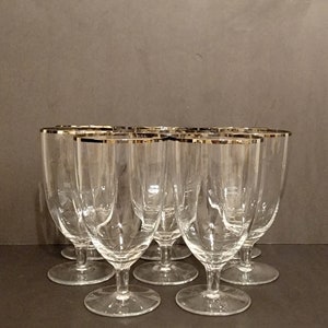 Eight (8) - 5-5/8&quot; Paneled Footed Water Glasses / Platinum Trim / Unknown Pattern