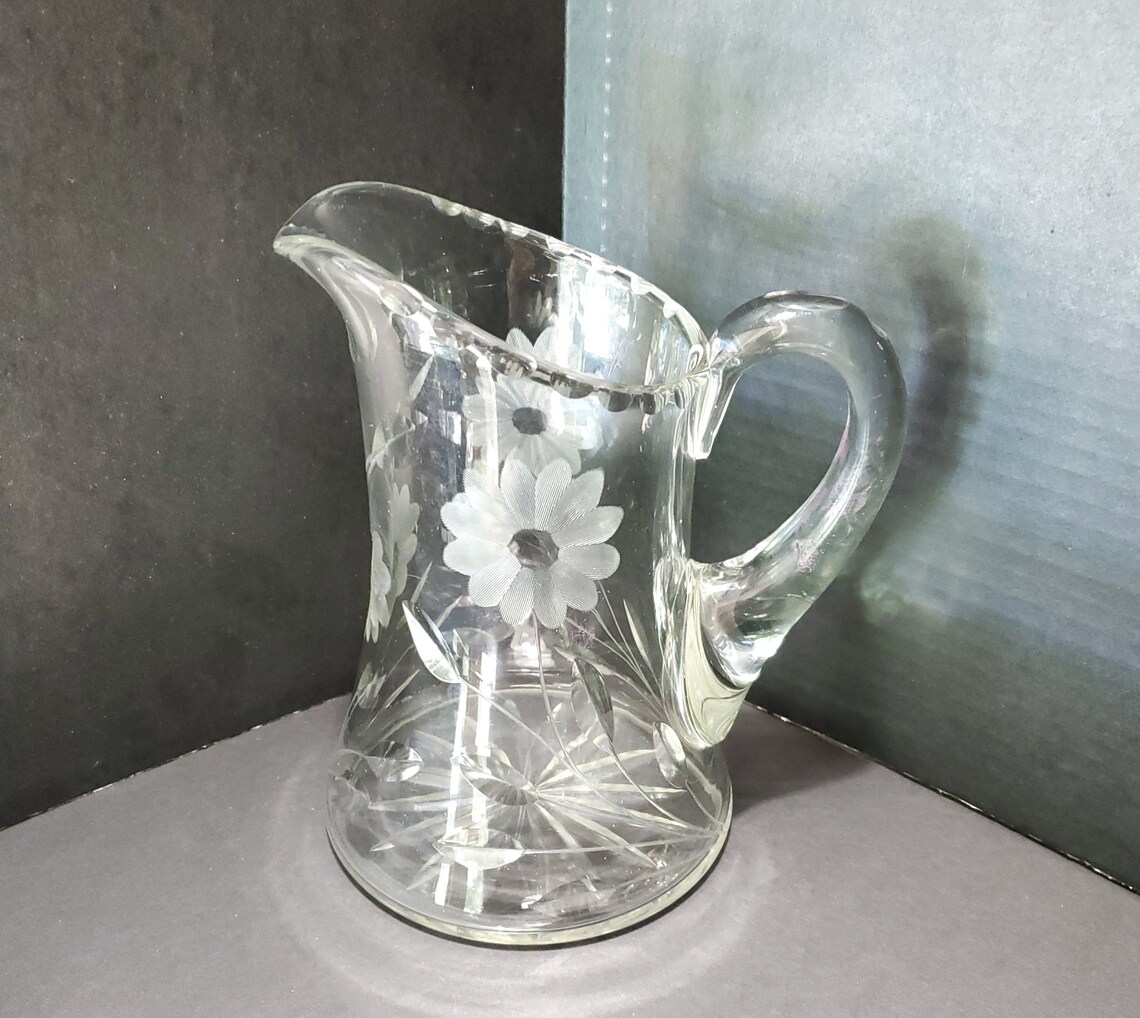 Crystal Floral Etched American Brilliant Cut Pitcher Etsy