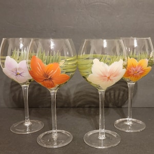Four (4) Ambience &quot;Hibiscus&quot; Balloon Style Hand Painted Glass Wine Goblets