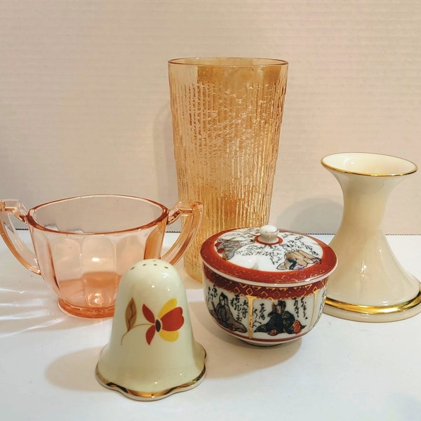 Jeannette Tree Bark Variant Tumbler  Lenox "Eternal" Candlestick / Kutani Covered Tea Cup / Jewel Tea Pepper Shaker / Pink Depression Sugar