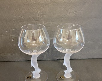Pair of 7-3/4&quot; Golden Crown E & R Bayel Crystal DOLPHIN Stemmed Oversize Wine Goblets / (4) Pairs Available / France