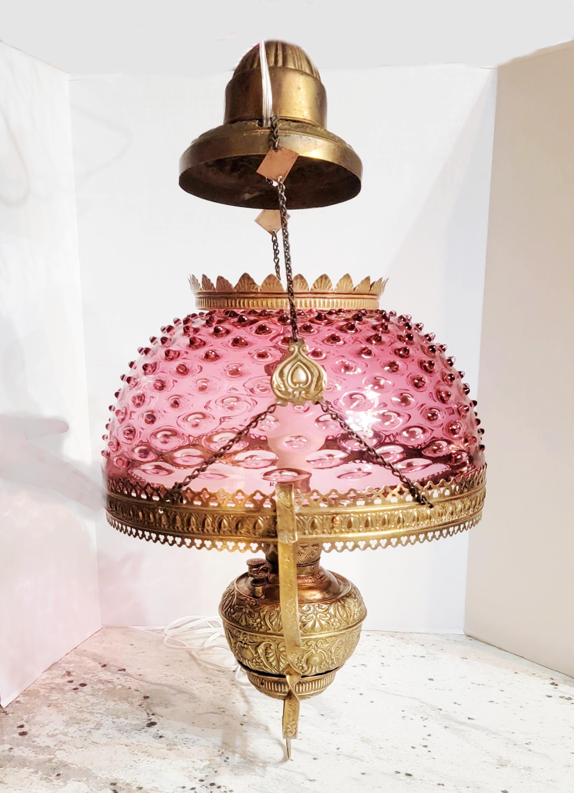 Victorian Cranberry Hobnail Hanging Lamp: Meriden 