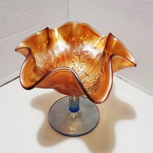 Antique Fenton &quot;Rib & Holly Sprig&quot;  Marigold Compote / Blue Stem and Base / 1911