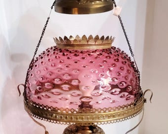 Victorian Cranberry Hobnail Hanging Lamp: Meriden 