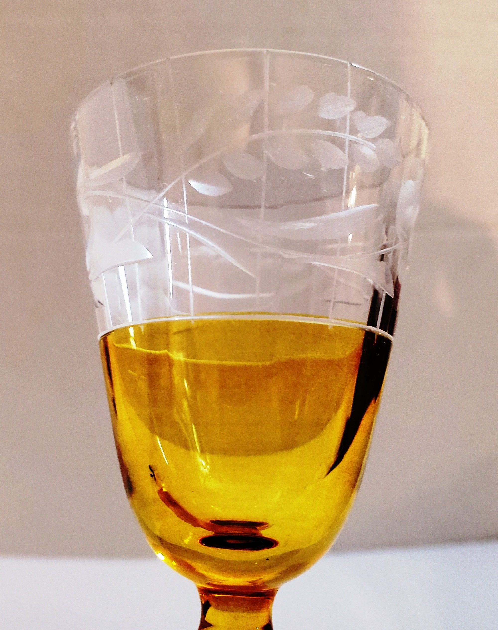 Five (5)-4-3/4" Amber & Clear Etched Wine / Liqueur Stems - Etsy