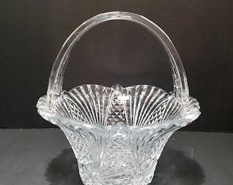 May include: A clear, cut-glass basket with a curved handle. The basket features a scalloped rim and intricate patterns of vertical lines and diamond shapes. The handle is attached to the rim with small, gold-colored metal pieces. The basket is designed to hold items.