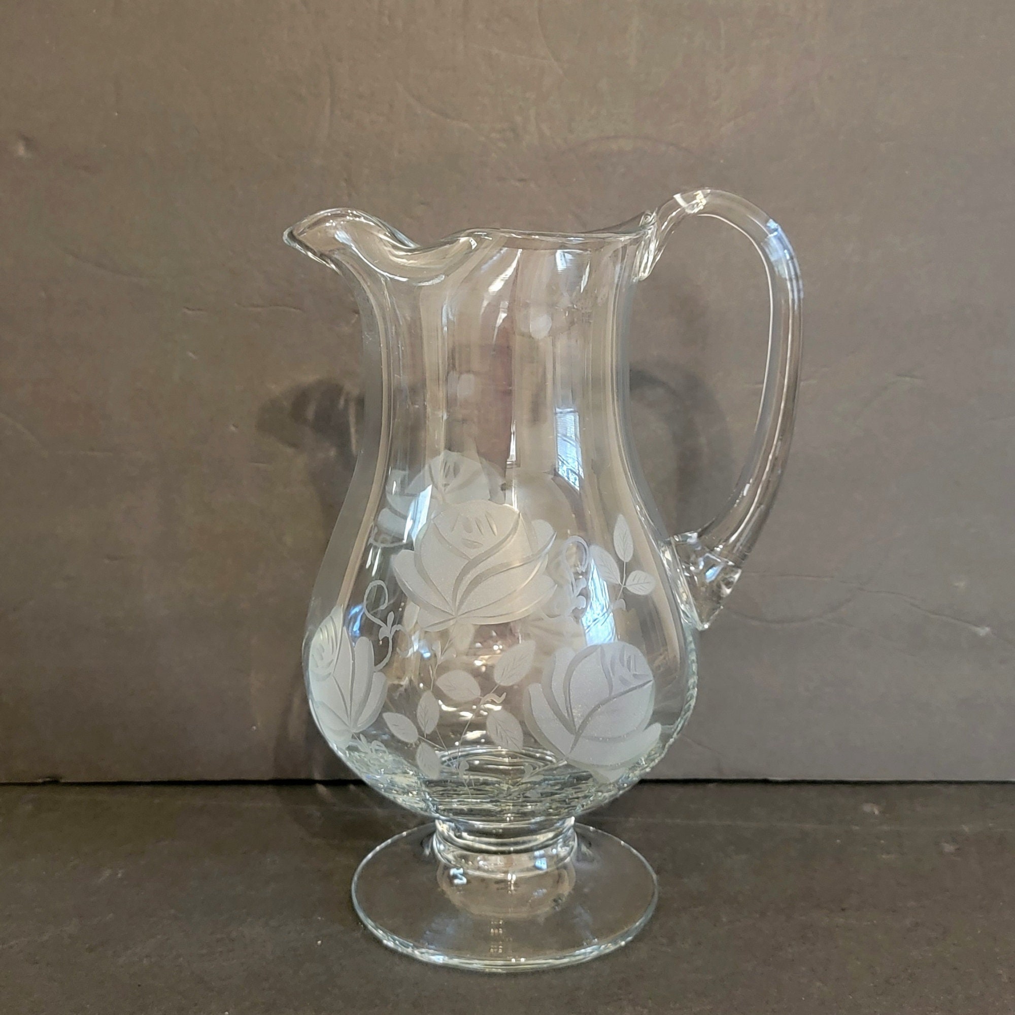 Large Fifth Avenue Rose Etched Paneled Footed Crystal Pitcher / Romania