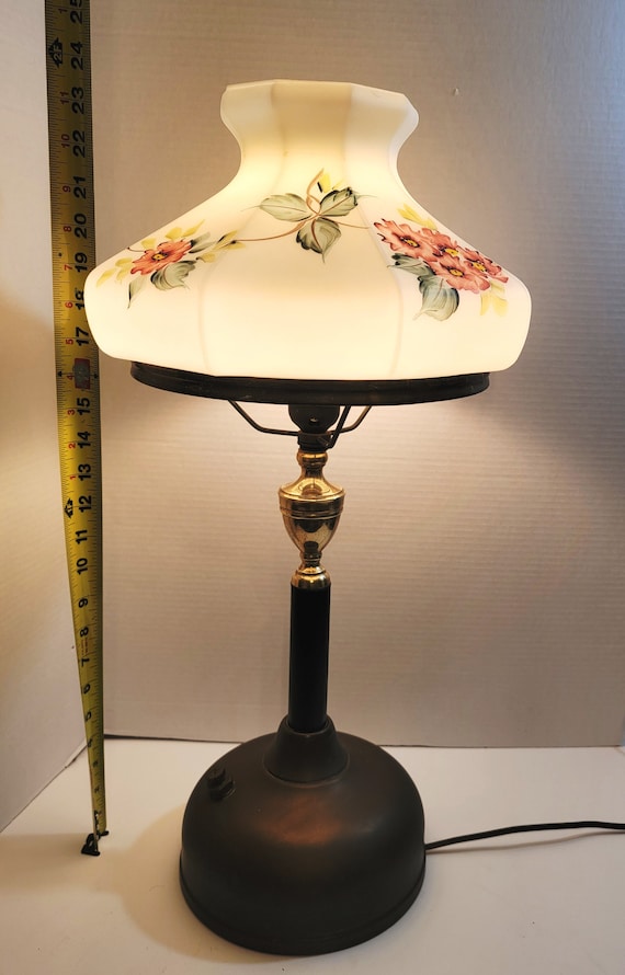 Antique COLEMAN Quick-lite Table Lamp / Hand Painted Floral Glass