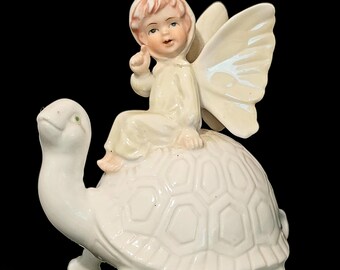 Enesco Angel Riding Turtle Figure / Bone China / 1980  Original Sticker / Marked on Bottom / Taiwan