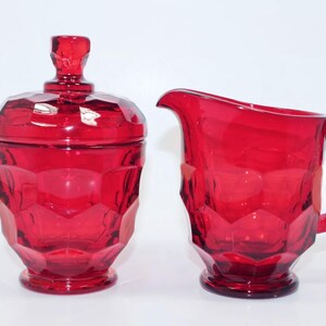 Röd Viking Glas "Georgian" Socker- och Gräddkanna Set