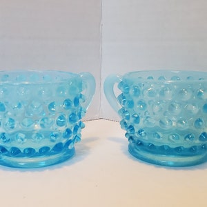 Pretty Individual Blue Opalescent Fenton Hobnail Sugar and Creamer