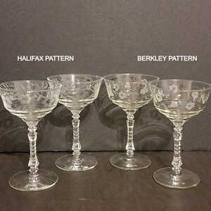 Four (4) Libbey / Rock Sharpe Champagnes / Tall Sherbets / Two (2) Berkley Pattern / Two (2) Halifax Pattern
