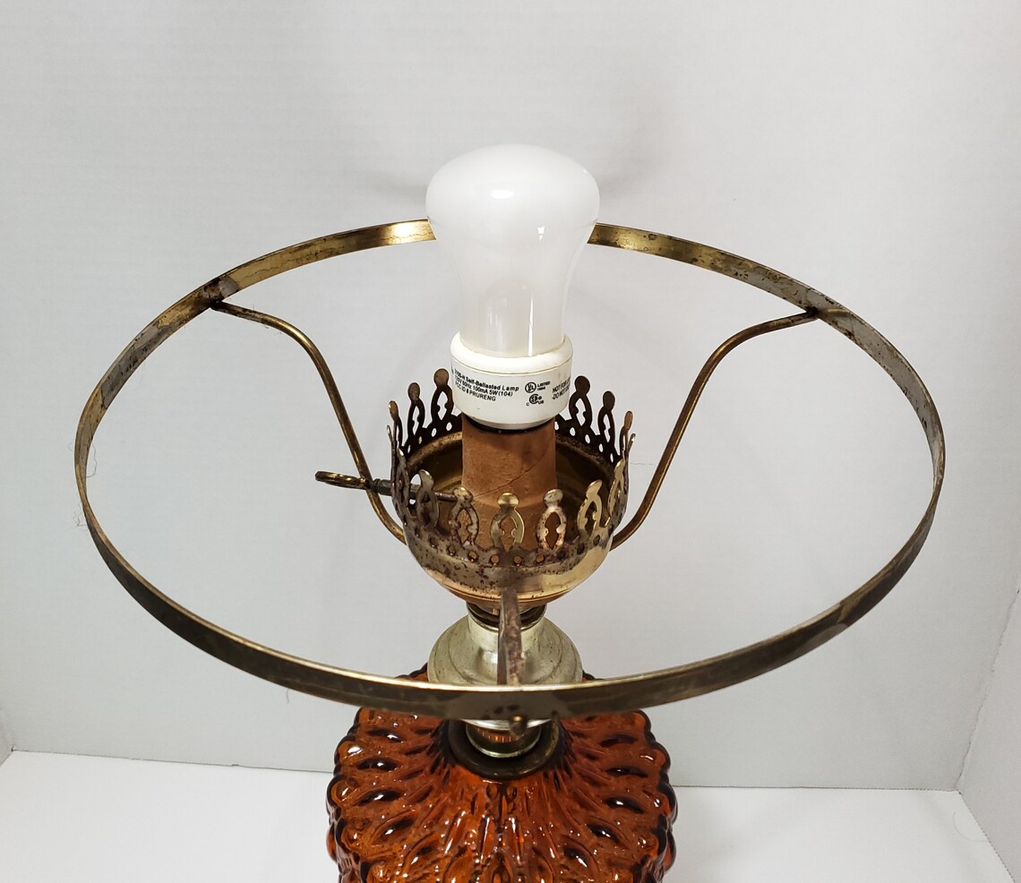 Vintage Brass Electric Hurricane Style Table Lamp With Amber Etsy