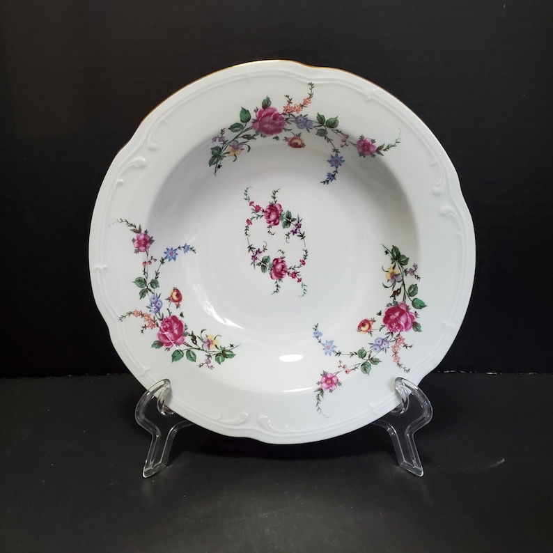 8 Set of Eight Wloclawek Floral Porcelain Rim Soup Bowls Poland Roses