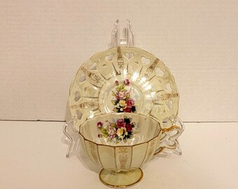 Vintage Floral Lusterware Teacup and Reticulated Saucer: Gold Trim, Japan