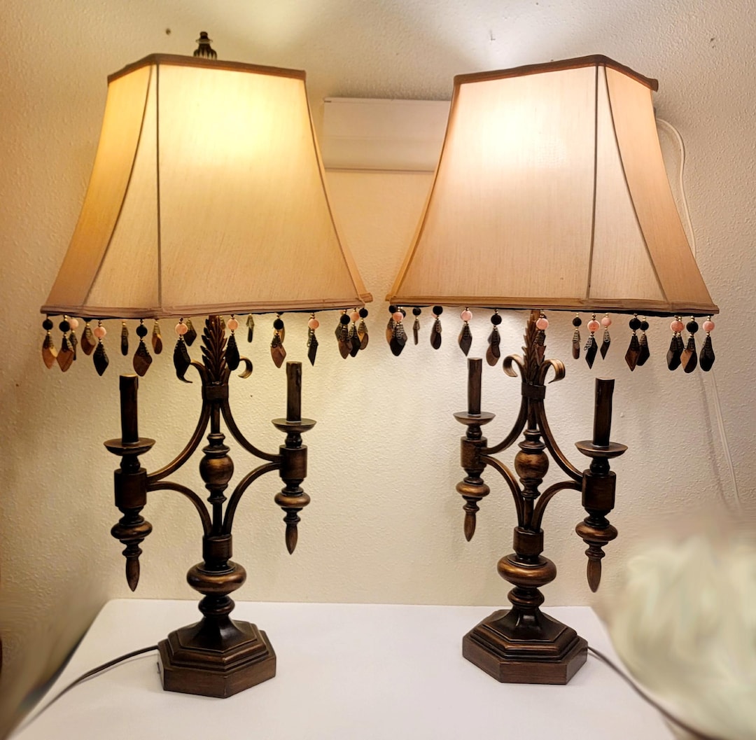 Pair of Modern Wood Look Table Lamps With Fabric Shades / Metal Accents ...