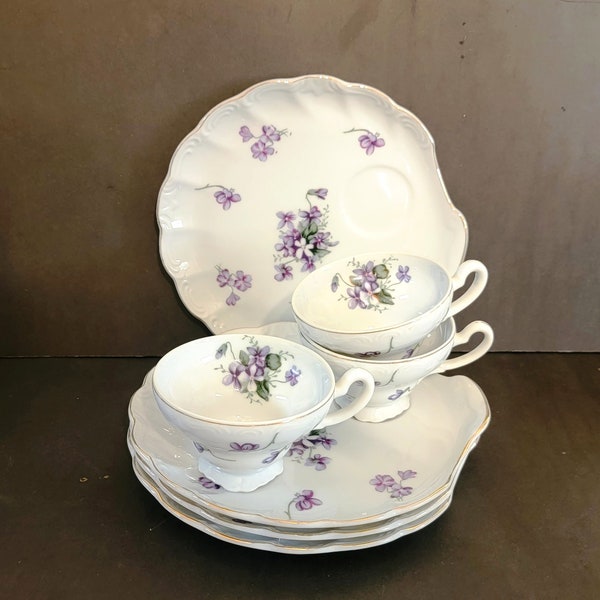 Three (3) Ucago China Snack Sets / Plus One Extra Snack Plate / Violets / Japan