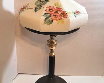 Antique COLEMAN Quick-lite Table Lamp / Hand Painted Floral Glass