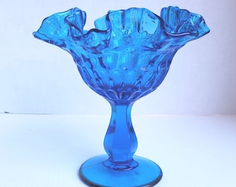 Vintage Colonial Blue Fenton Thumb Print Footed Ruffled Compote