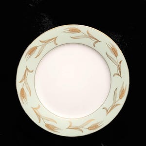Six (6) - 7-1/2&quot; Noritake &quot;Alice&quot; Salad Plates / Gold Wheat Sheafs / Mint Green Band / Made In Japan  1950 - 1959