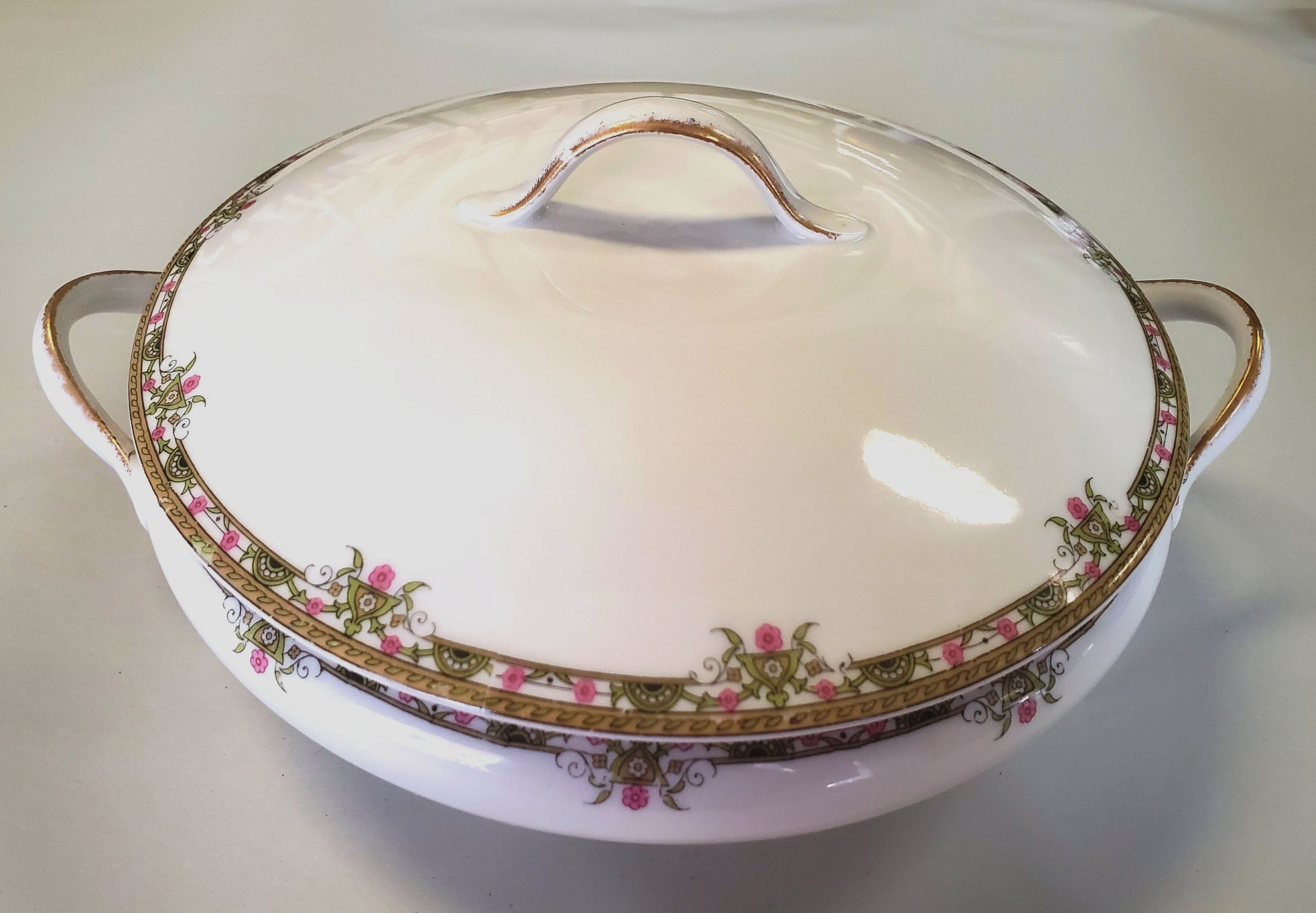 Antique Alfred Lanternier Limoges Covered Vegetable Dish & Tray with Floral  Dec.