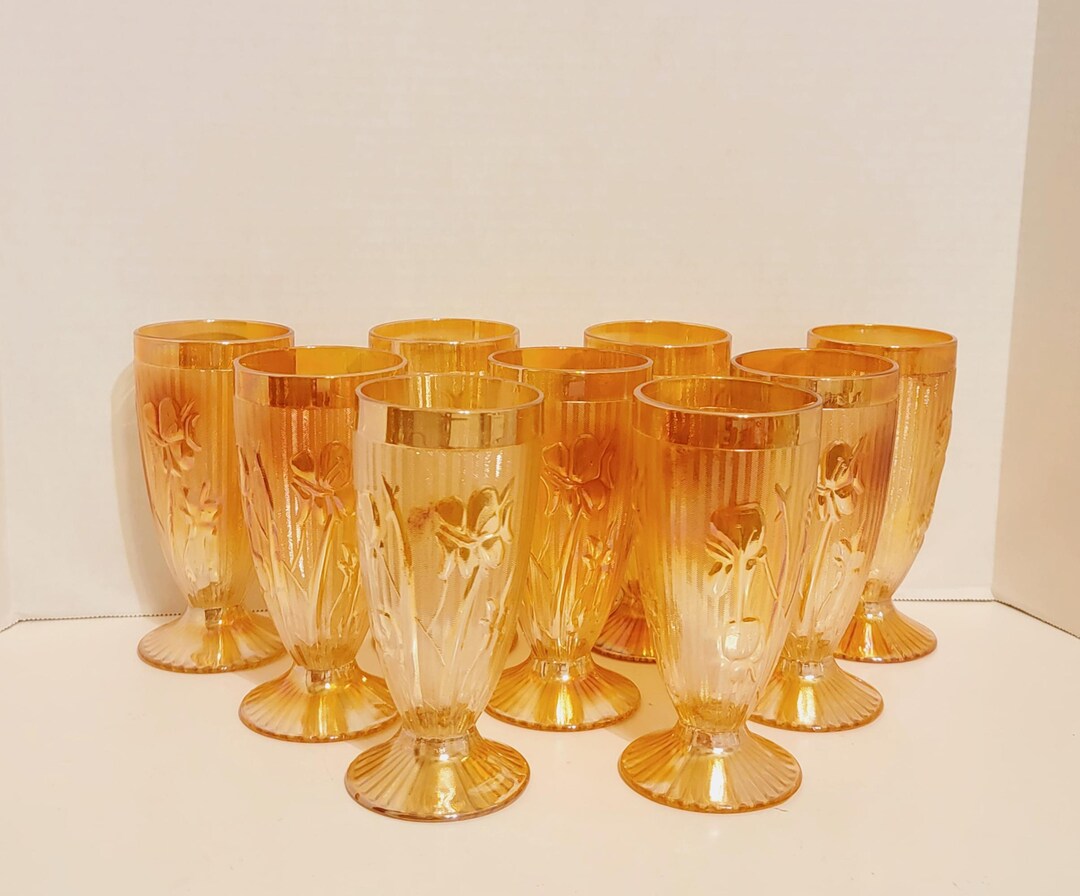 Nine (9) - 6" Jeannette Glass "iris & Herringbone" Iridescent Orange