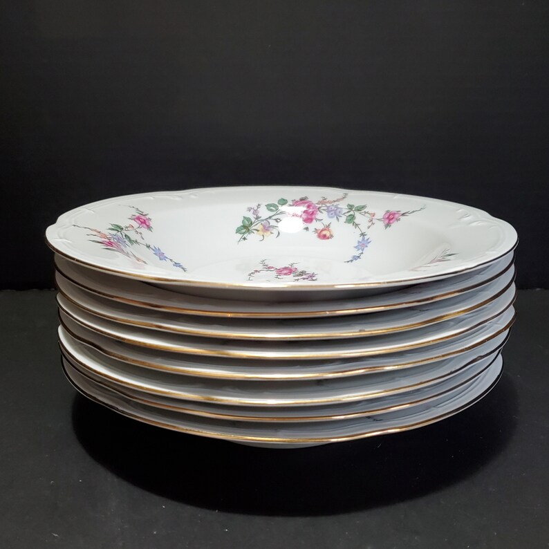 8 Set of Eight Wloclawek Floral Porcelain Rim Soup Bowls Poland Roses