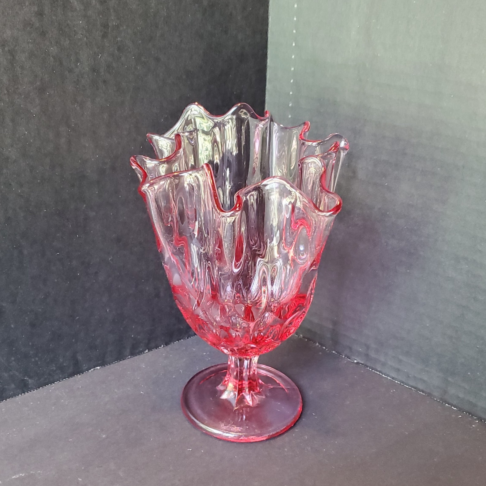 Pink Fenton Glass Colonial Thumbprint Footed Kerchief Vase Etsy