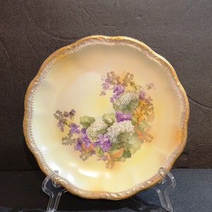 8" Hand Painted Porcelain Cabinet Plate / Violets and Hydrangeas