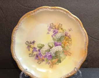 8" Hand Painted Porcelain Cabinet Plate / Violets and Hydrangeas