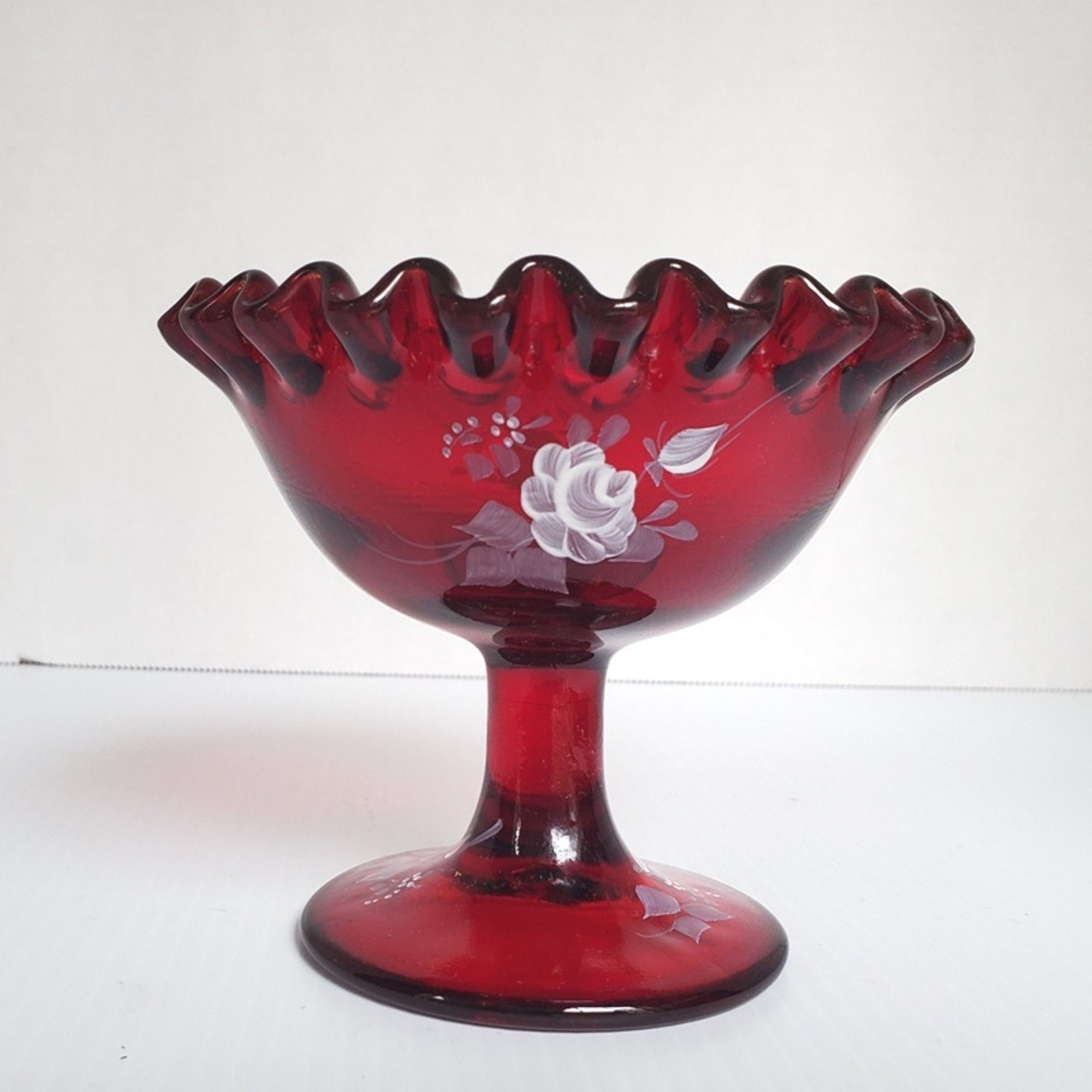Ruby Red Ruffled Fenton Compote / Hand Painted Rose Accents