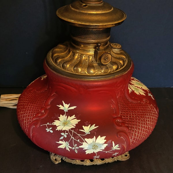 Consolidated Lamp & Glass Company Ruby Red Floral Gone With The Wind Converted Table Lamp / No Shade