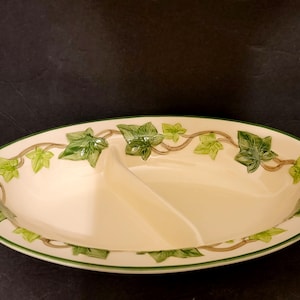 12' Franciscan "Ivy" Oblong Divided Serving Bowl / Green Rim / Gladding Mc Bean  USA