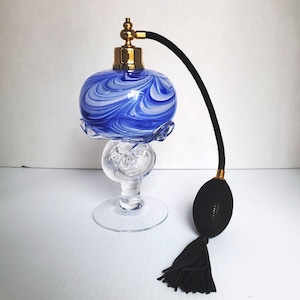 Vintage &quot;Royal Limited&quot; Blue & Clear Swirl 7.125&quot; Art Glass Perfume Bottle With Atomizer