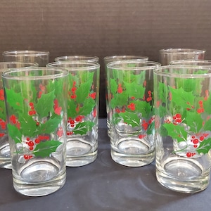 Ten (10) Anchor Hocking &quot;Holly&quot; Flat Christmas Tumblers