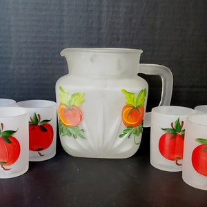 Hand Painted Federal Frosted Glass &quot;Star&quot; Pitcher with Six (6) Juice Glasses / Tomatoes