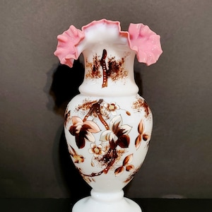 12&quot; Victorian Bristol Milk Glass Pink Ruffled Edge Vase  England