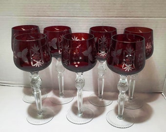 Red Bohemian Wine Glasses YOU PICK AJKA Cut Clear Crystal Vintage Red Wine  Glasses Etched 