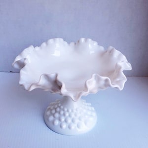 White Fenton Hobnail Footed Candy Dish