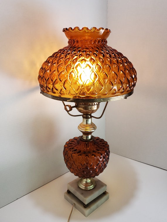 Vintage Brass Electric Hurricane Style Table Lamp With Amber Hong Kong Vintage Brass Electric Hurricane Style, Brass Table Lamps Vintage Style