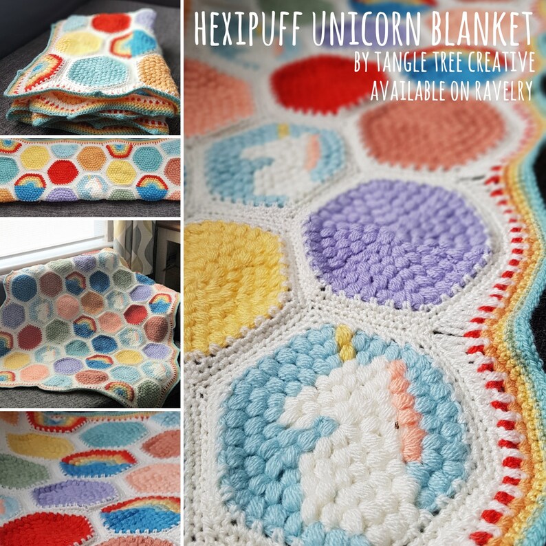Hexipuff Unicorn blanket pattern Etsy