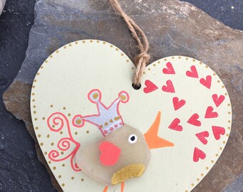 Singing Bird with crown, sea glass and wood hanging