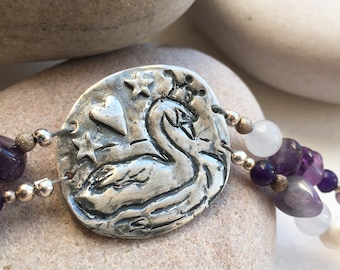 Queens swan pendant, amethyst and mother of pearl necklace, two strand necklace, silver swan, swan with crown, swan jewellery, recycled