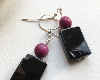 Black agate and purple jasper earrings, purple and black, stone earrings, semi precious, rectangle earrings, agate, purple jewellery