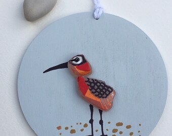 Godwit , sea glass art, sea bird, sea glass bird on fsc sustainable wood, hand painted, sea glass picture, hanging decoration, birds