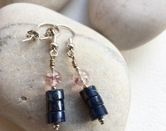 Blue jasper crackled pink quartz and sterling silver earrings, blue and pink earrings, pink jewellery, quartz, Mother’s Day, valentines gift
