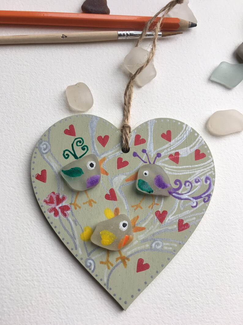 Sea glass birds painted wooden hanging decoration Mother\u2019s Day gift sending love birds love hearts love birds friendship handmade