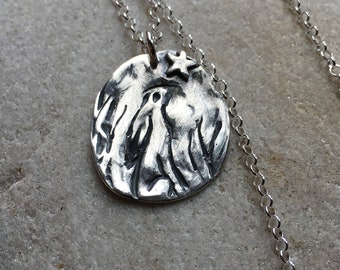 Silver hare pendant, hare and star pendant, sterling silver chain, hare necklace, hare jewellery, send a gift